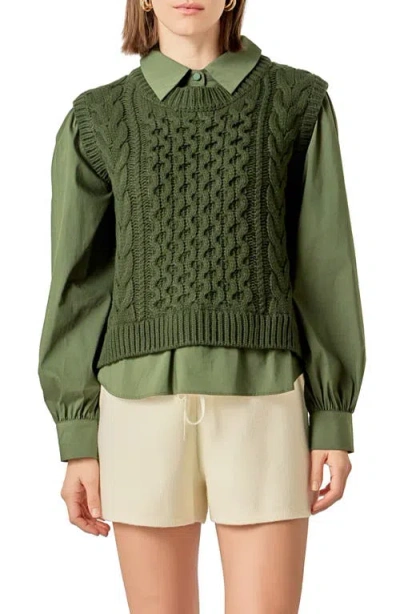 English Factory Mixed Media Cable Stitch Sweater In Green