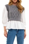 English Factory Mixed Media Cable Detail Sweater In Heather Grey/white