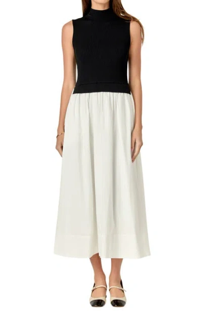 English Factory Mixed Media Colorblock Sleeveless Midi Dress In Black/white
