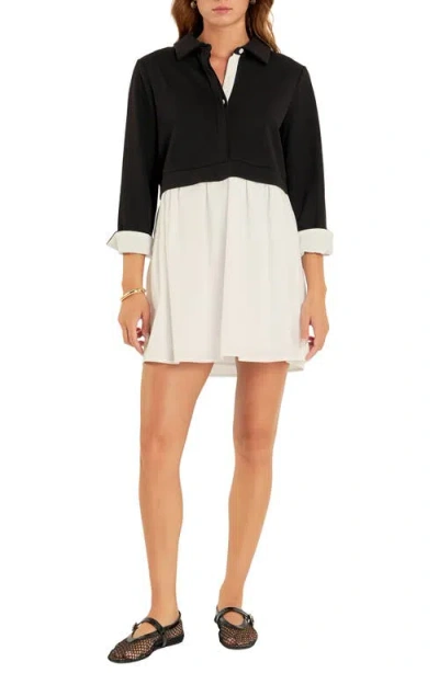 English Factory Mixed Media Cotton Blend Minidress In Black