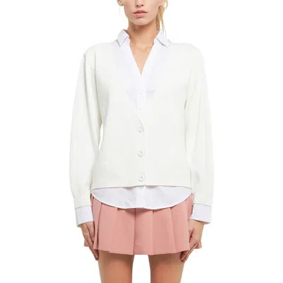 English Factory Mixed Media Layered Cardigan In Cream/white