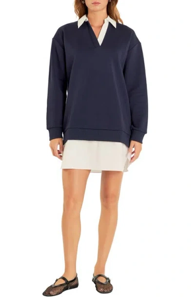 English Factory Mixed Media Long Sleeve Dress In Blue