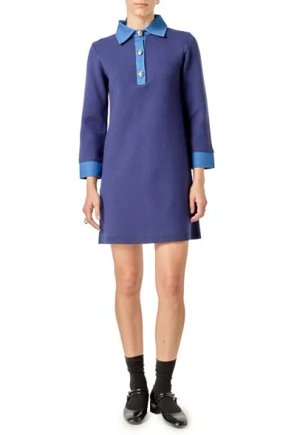 English Factory Mixed Media Long Sleeve Knit Dress In Blue