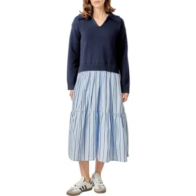 English Factory Mixed Media Long Sleeve Midi Dress In Blue