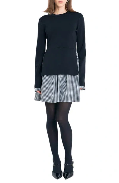 English Factory Mixed Media Long Sleeve Minidress In Black