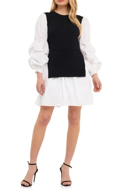 English Factory Mixed Media Long Sleeve Minidress In Black/white