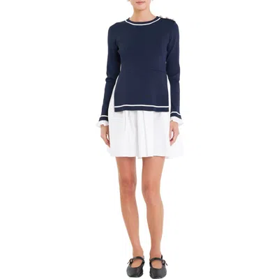 English Factory Mixed Media Long Sleeve Minidress In Navy
