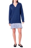 English Factory Mixed Media Long Sleeve Minidress In Navy/navy