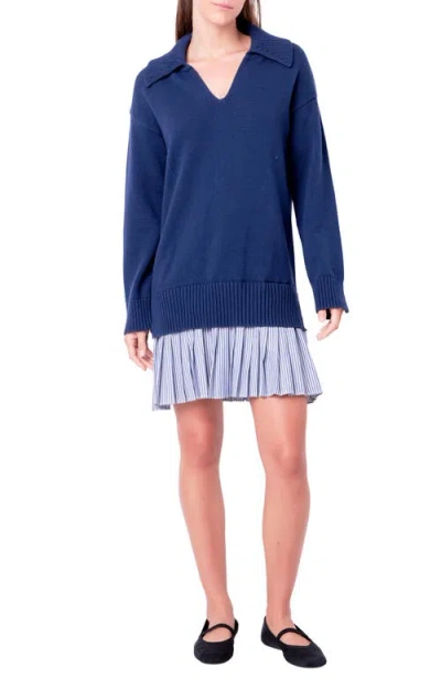 English Factory Mixed Media Long Sleeve Minidress In Navy/navy