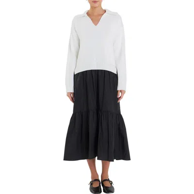 English Factory Mixed Media Long Sleeve Sweater Midi Dress In Ivory
