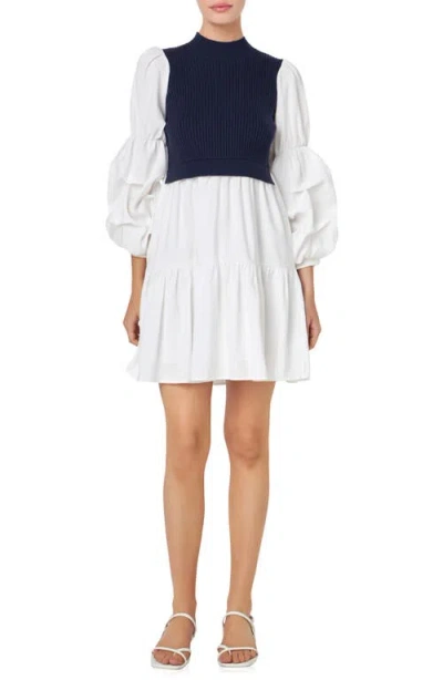 English Factory Mixed Media Long Sleeve Tiered Dress In White