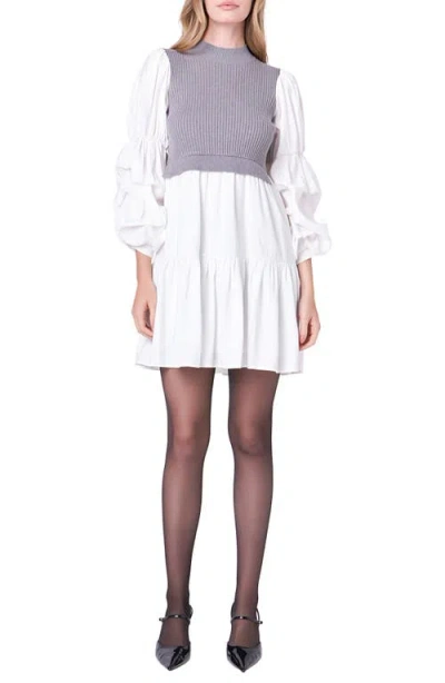 English Factory Mixed Media Long Sleeve Tiered Dress In Heather Grey/white