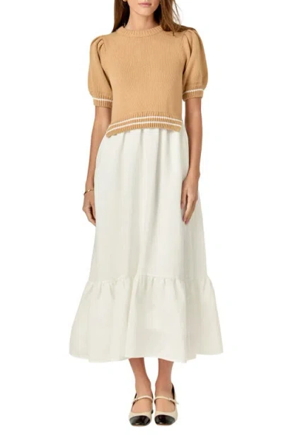English Factory Mixed Media Midi Dress In Tan/white