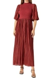 English Factory Mixed Media Pleated Dress In Brick