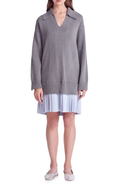 English Factory Mixed Media Pleated Minidress In Grey/powder Blue
