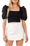 English Factory Mixed Media Puff Sleeve Knit Top In Black