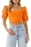 English Factory Mixed Media Puff Sleeve Crop Top In Orange