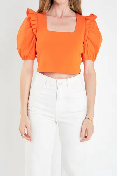 English Factory Mixed Media Puff Sleeve Knit Top In Orange