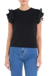 English Factory Mixed Media Ruffle Sleeve Top In Black/ White