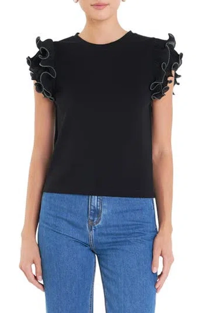 English Factory Mixed Media Ruffle Sleeve Top In Black