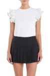 English Factory Mixed Media Ruffle Sleeve Top In White/black