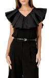 English Factory Mixed Media Ruffle Sleeveless Top In Black