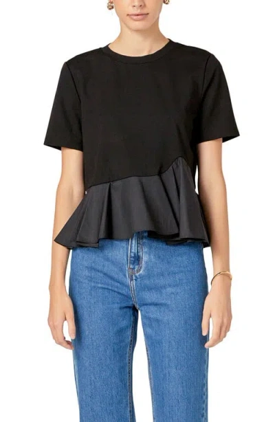 English Factory Mixed Media Ruffle Top In Black