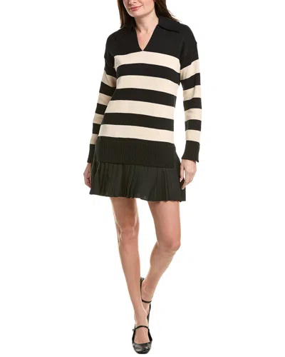 English Factory Mixed Media Stripe Pleated Mini Dress In Black