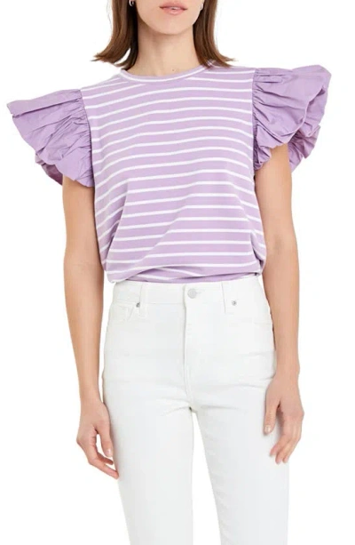 English Factory Mixed Media Stripe Ruffle Sleeve Top In Lilac/ White