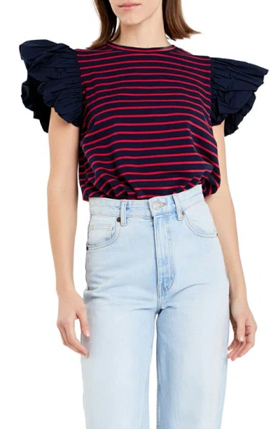 English Factory Mixed Media Stripe Ruffle Sleeve Top In Navy/ Red