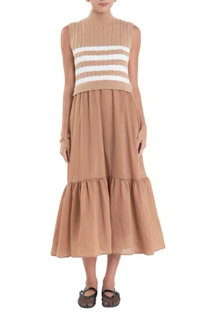 English Factory Mixed Media Tiered Midi Dress In Camel/white