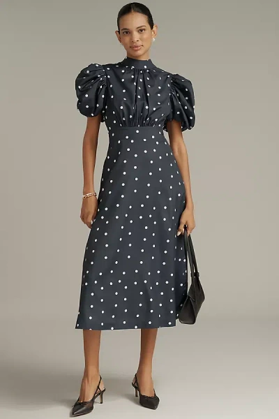 English Factory Mock-neck A-line Midi Dress In Blue