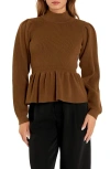 English Factory Mock Neck Peplum Rib Sweater In Brown