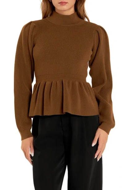 English Factory Mock Neck Peplum Rib Sweater In Brown