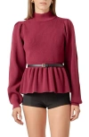 English Factory Mock Neck Peplum Rib Sweater In Red