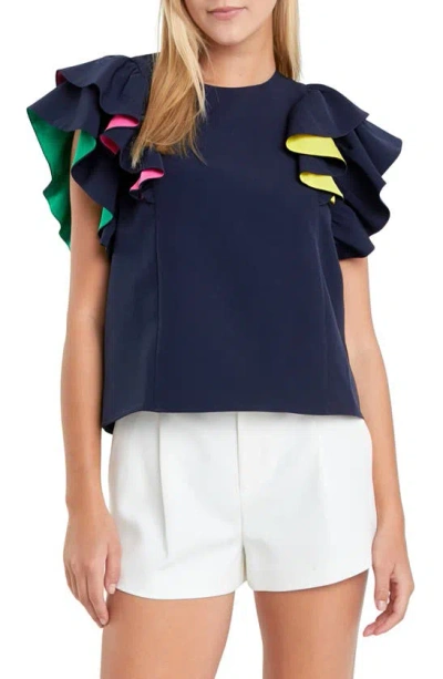 ENGLISH FACTORY MULTICOLOR LINED RUFFLE SLEEVE TOP