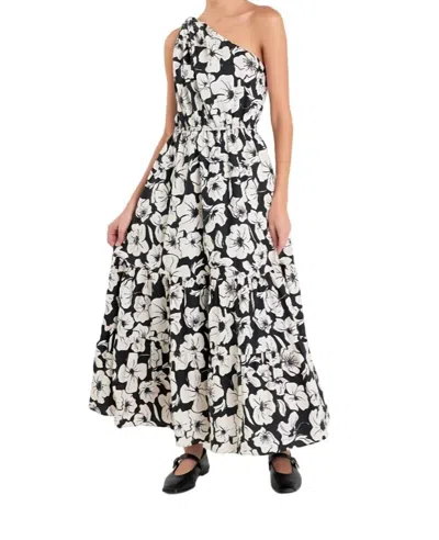 English Factory One Shoulder Floral Dress In Black