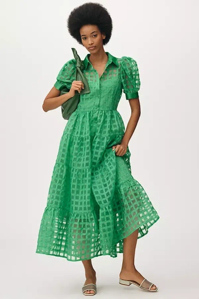 English Factory Organza Short-sleeve Button-front Midi Dress In Green
