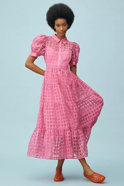 English Factory Organza Short-sleeve Button-front Midi Dress In Pink