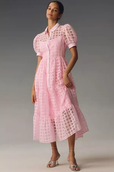 English Factory Organza Short-sleeve Button-front Midi Dress In Pink