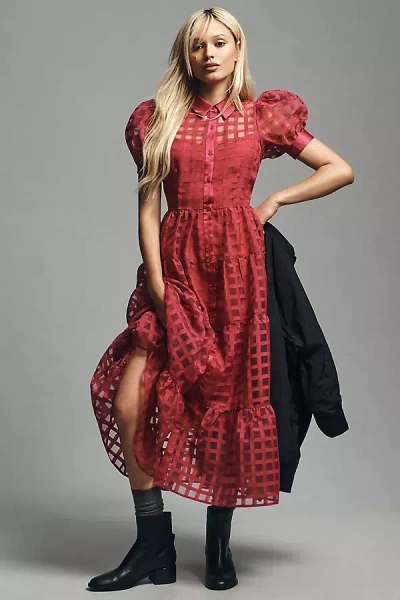 English Factory Organza Short-sleeve Button-front Midi Dress In Pink
