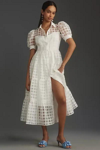 English Factory Organza Short-sleeve Button-front Midi Dress In White