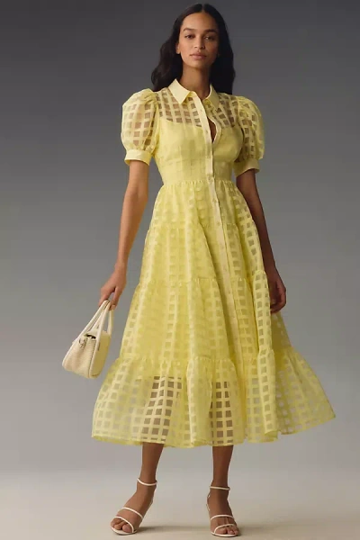 English Factory Organza Short-sleeve Button-front Midi Dress In Yellow