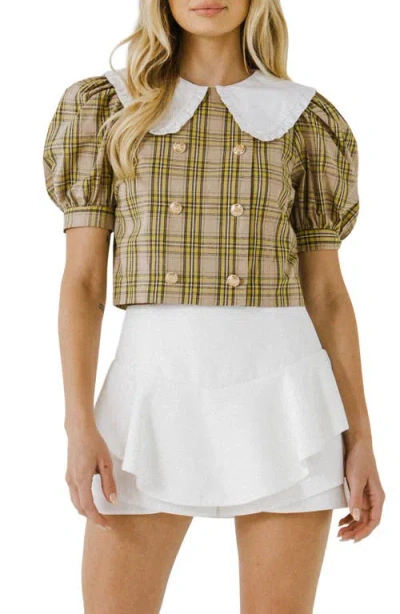 English Factory Oversize Collar Check Cotton Top In Taupe