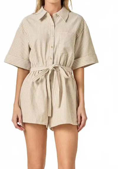 English Factory Oxford Fabric Romper In Tan Stripe In Brown