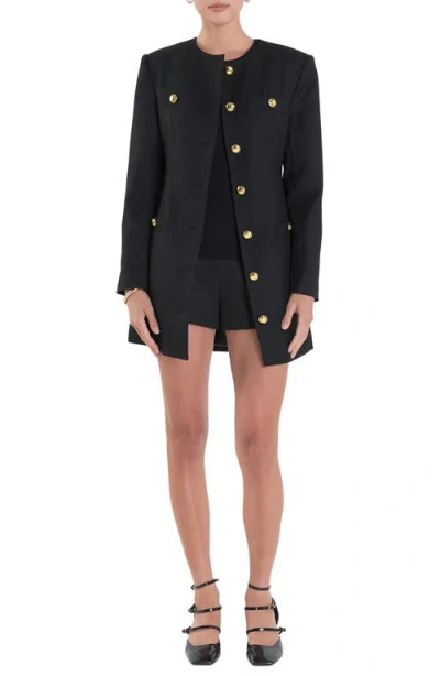 English Factory Padded Shoulder Long Sleeve Minidress In Black