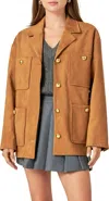 English Factory Padded Shoulder Stretch Faux Suede Jacket In Brown