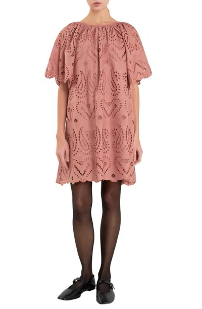 English Factory Paisley Eyelet Shift Dress In Camel