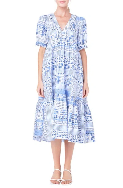English Factory Patchwork Print Tiered Cotton Midi Dress In Blue