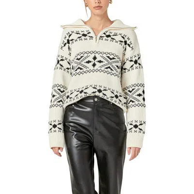 English Factory Patterned Half Zip Sweater In Ivory/black